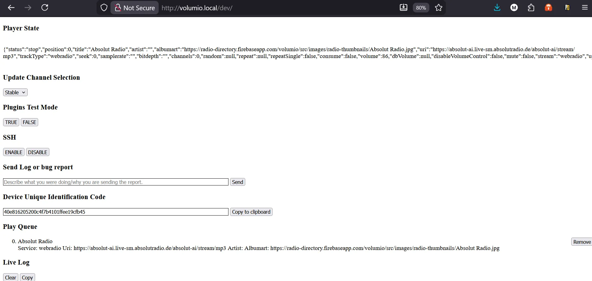 Volumio DEV page showing SSH toggle