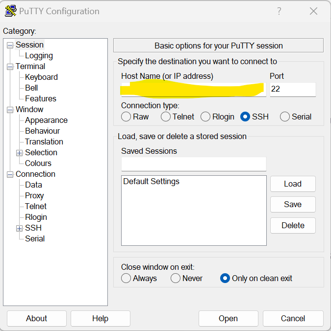 PuTTY SSH connection configuration